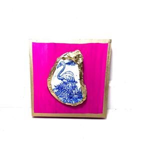 Original HandPainted Oyster Art 5x5 Wooden Block Pink Flamingo Gold Art Beach
